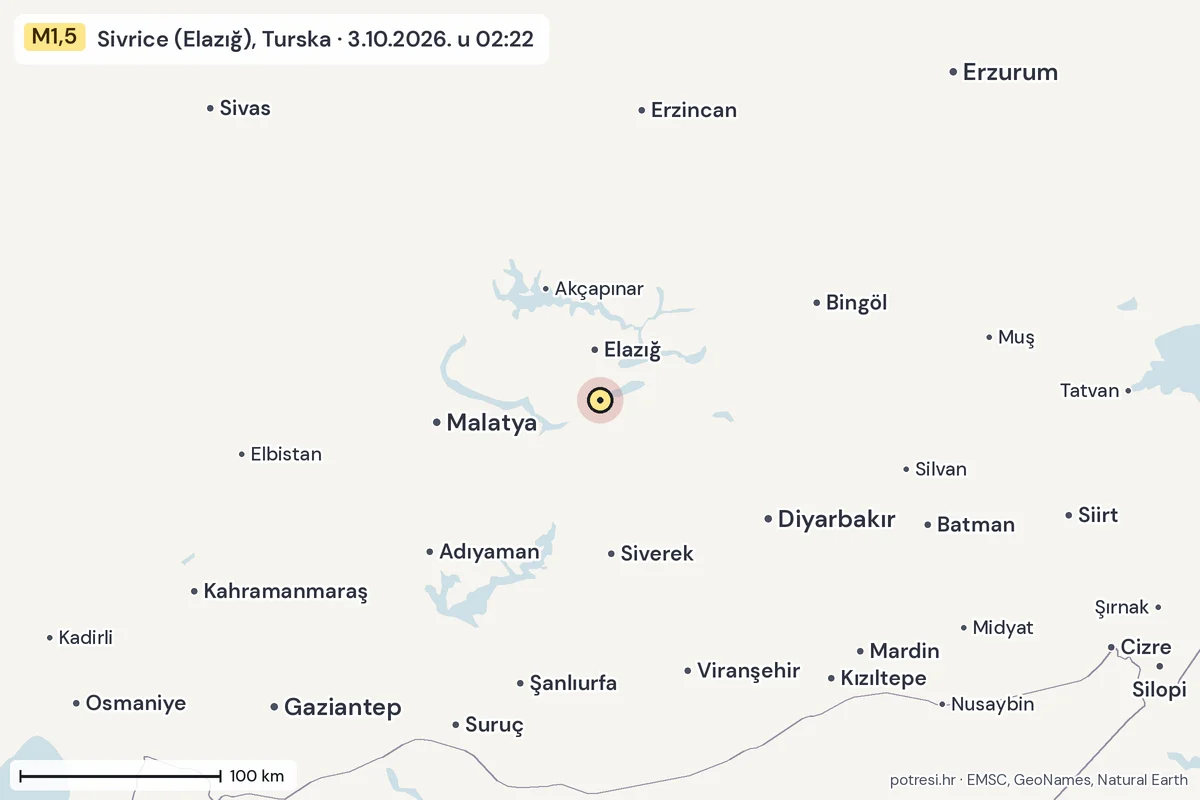 Karta: šire područje, 600 km, potres M1,5, Sivrice (Elazığ), Turska, 3.10.2026.