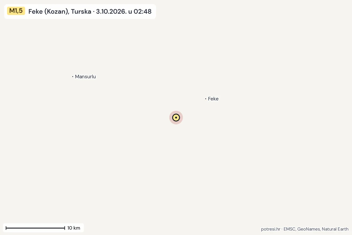 Karta: okolica epicentra, 60 km, potres M1,5, Feke (Kozan), Turska, 3.10.2026.