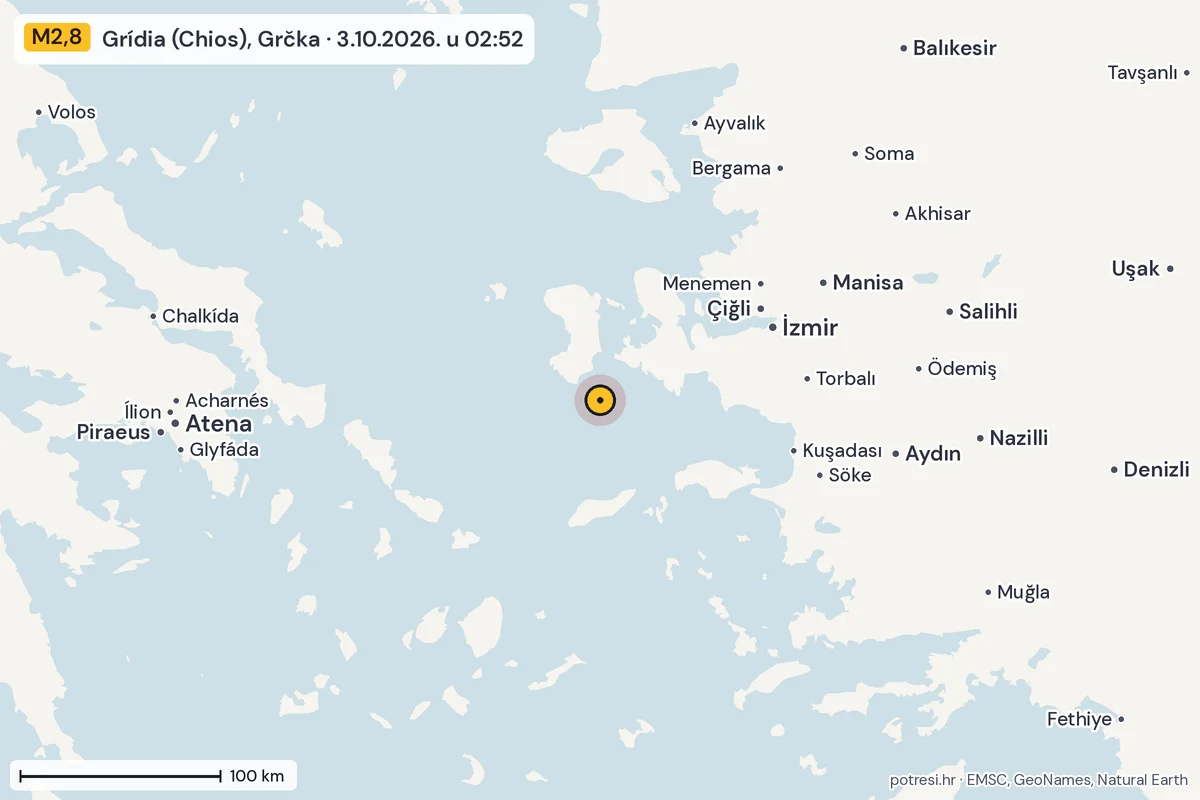 Karta: šire područje, 600 km, potres M2,8, Grídia (Chios), Grčka, 3.10.2026.