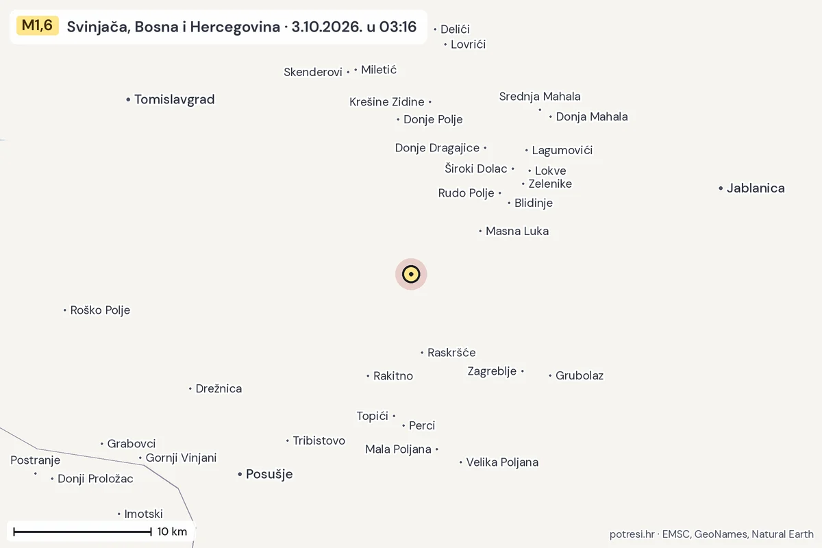 Karta: okolica epicentra, 60 km, potres M1,6, Svinjača, Bosna i Hercegovina, 3.10.2026.