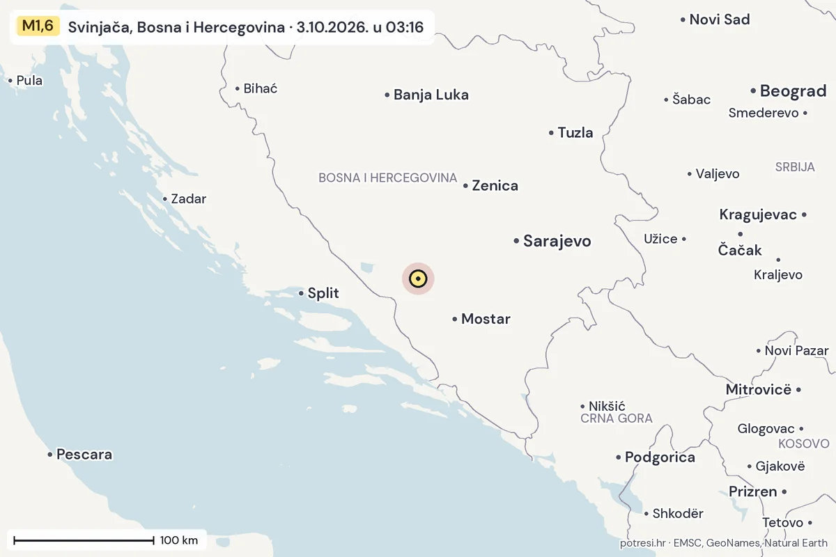 Karta: šire područje, 600 km, potres M1,6, Svinjača, Bosna i Hercegovina, 3.10.2026.
