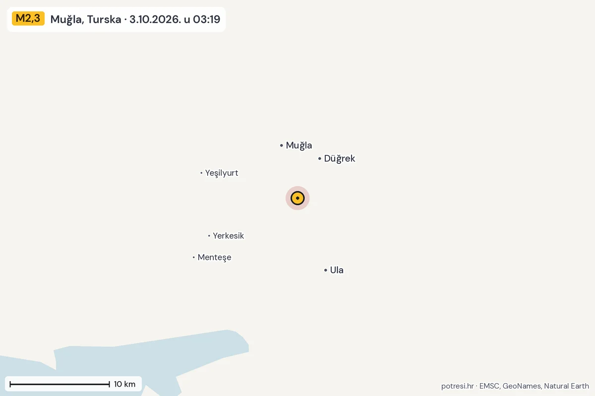 Karta: okolica epicentra, 60 km, potres M2,3, Muğla, Turska, 3.10.2026.