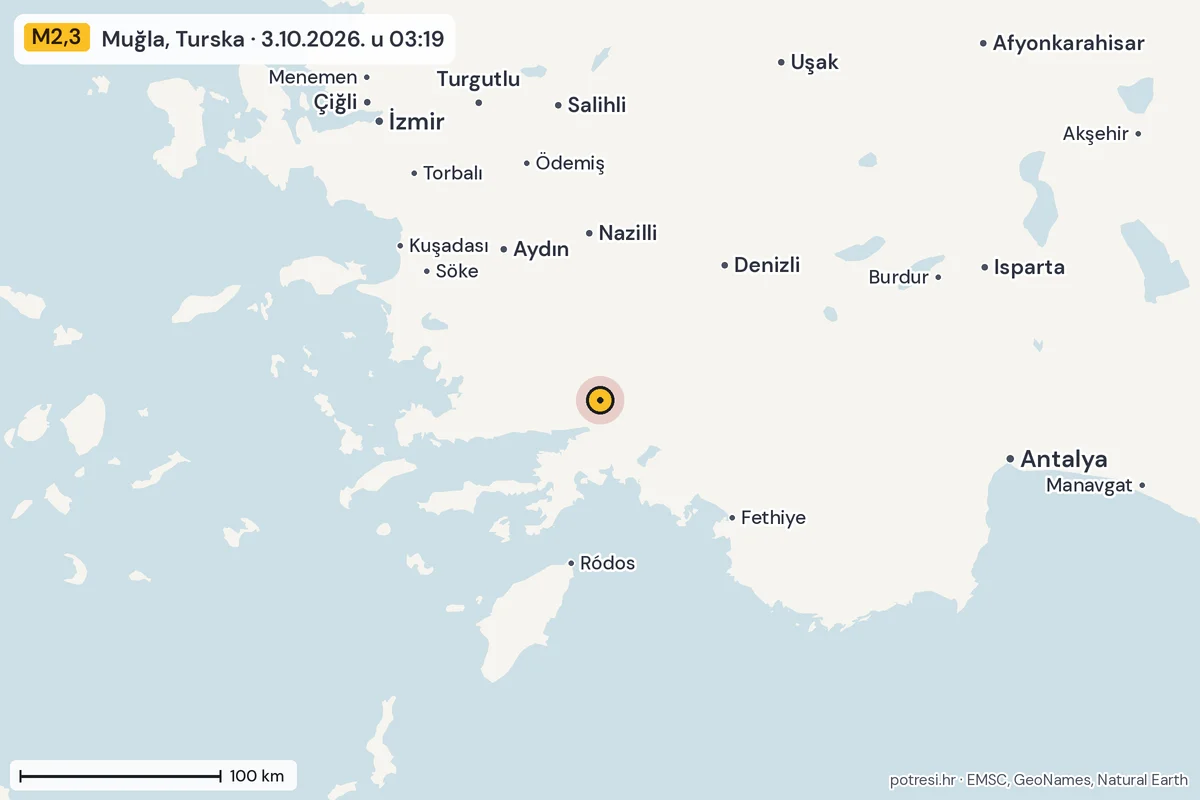 Karta: šire područje, 600 km, potres M2,3, Muğla, Turska, 3.10.2026.