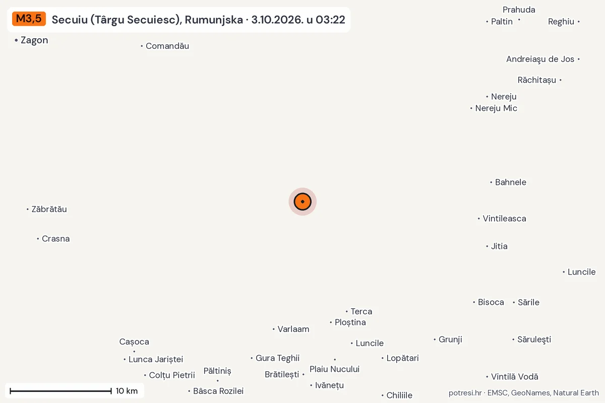 Karta: okolica epicentra, 60 km, potres M3,5, Secuiu (Târgu Secuiesc), Rumunjska, 3.10.2026.