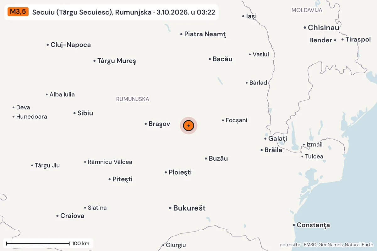 Karta: šire područje, 600 km, potres M3,5, Secuiu (Târgu Secuiesc), Rumunjska, 3.10.2026.