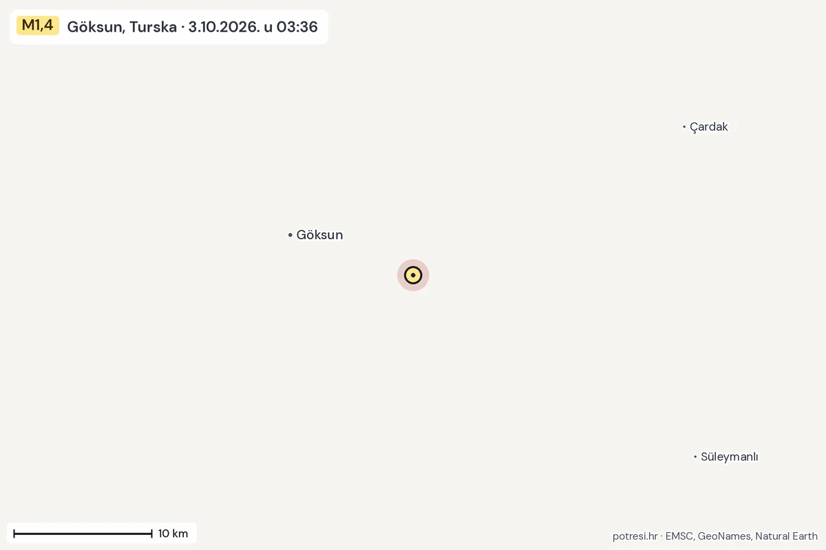 Karta: okolica epicentra, 60 km, potres M1,4, Göksun, Turska, 3.10.2026.