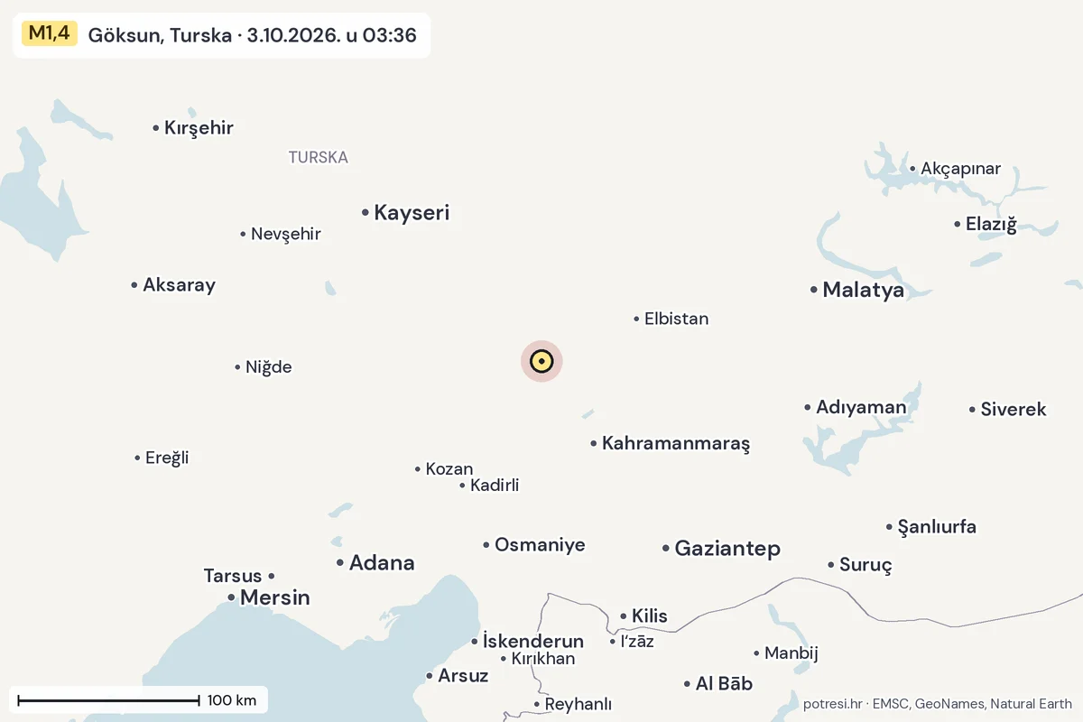 Karta: šire područje, 600 km, potres M1,4, Göksun, Turska, 3.10.2026.
