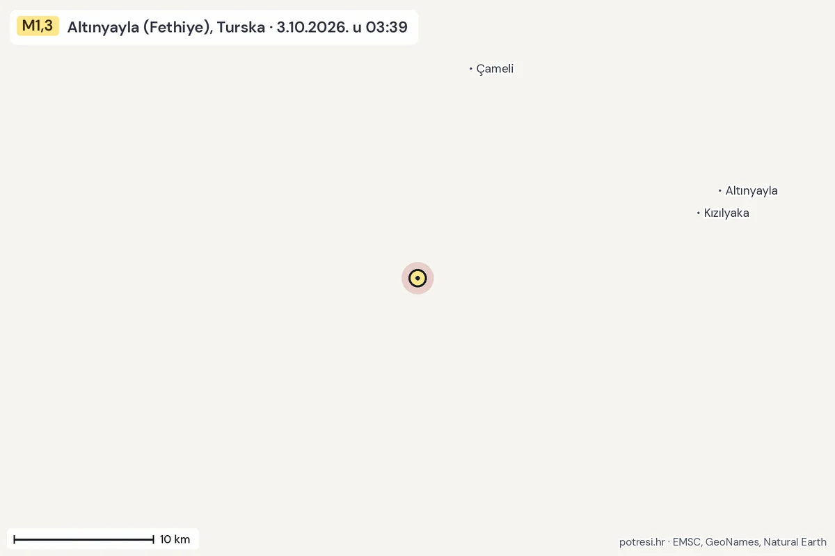Karta: okolica epicentra, 60 km, potres M1,3, Altınyayla (Fethiye), Turska, 3.10.2026.