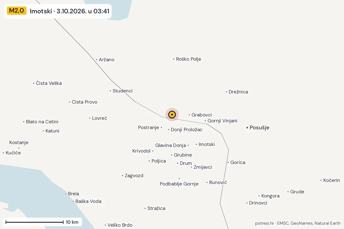 Karta: okolica epicentra, 60 km, potres M2,0, Imotski, 3.10.2026.