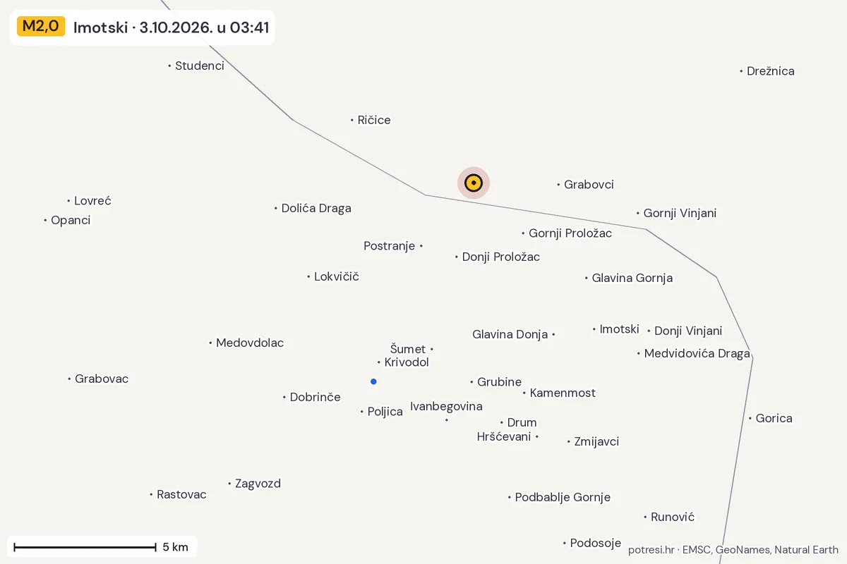 Karta: izvješća građana, potres M2,0, Imotski, 3.10.2026.