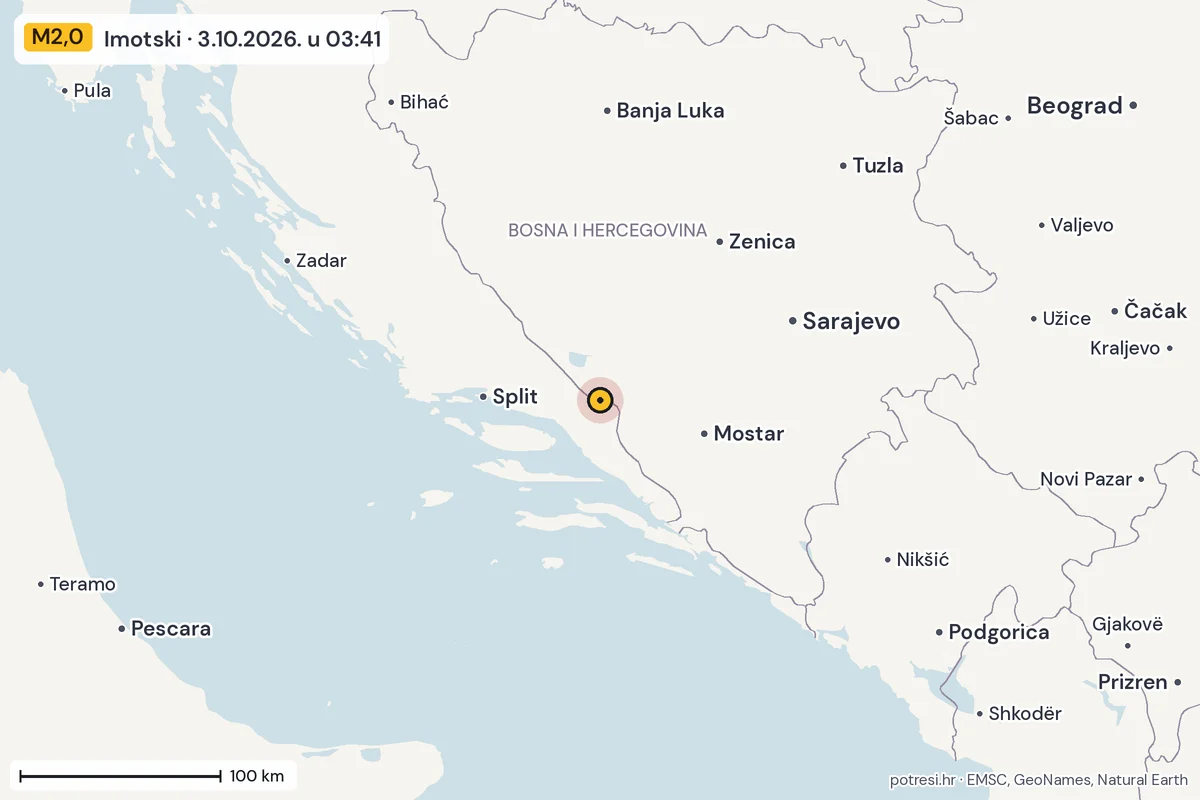 Karta: šire područje, 600 km, potres M2,0, Imotski, 3.10.2026.