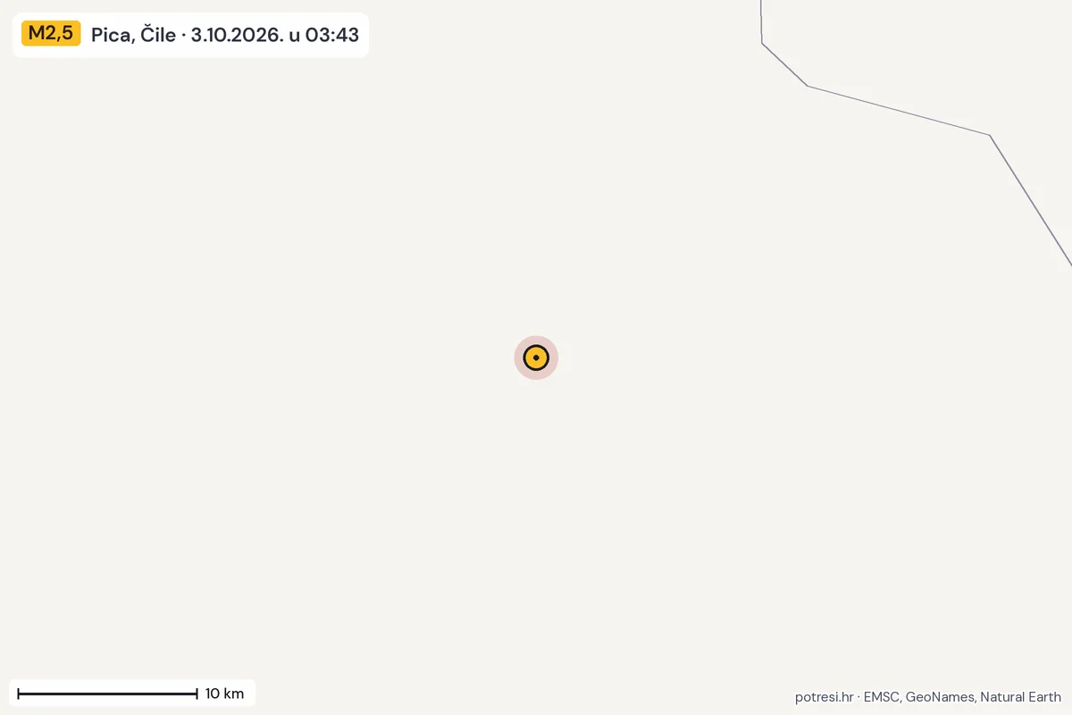 Karta: okolica epicentra, 60 km, potres M2,5, Pica, Čile, 3.10.2026.
