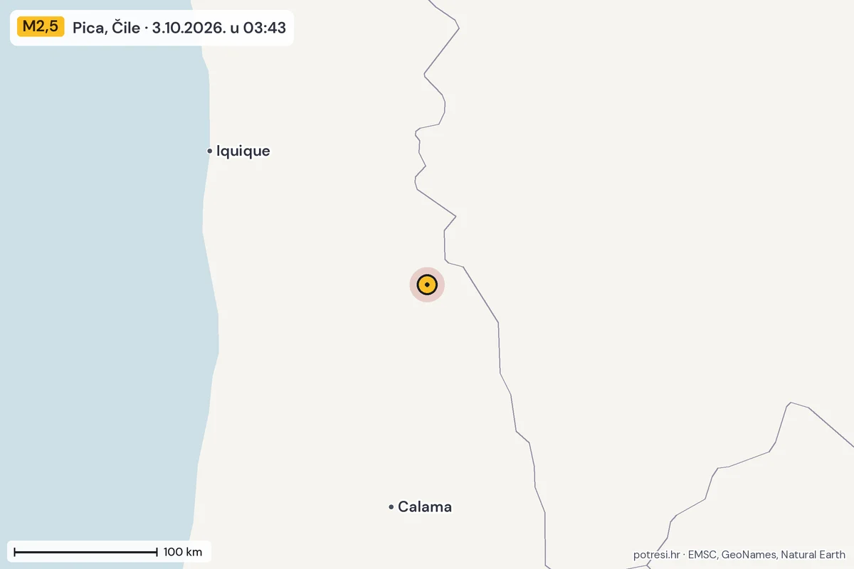 Karta: šire područje, 600 km, potres M2,5, Pica, Čile, 3.10.2026.