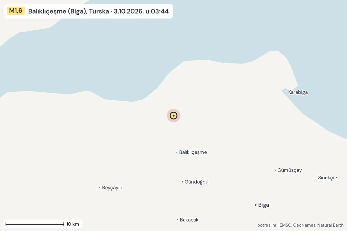 Karta: okolica epicentra, 60 km, potres M1,6, Balıklıçeşme (Biga), Turska, 3.10.2026.