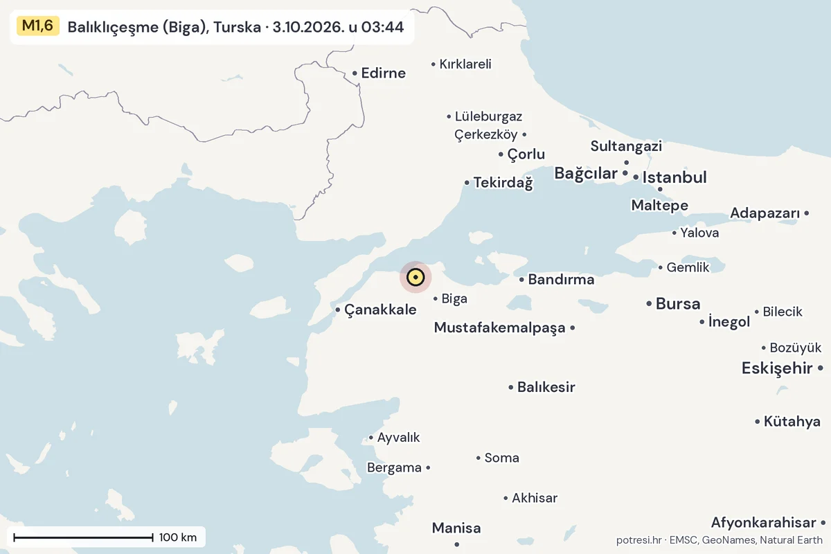 Karta: šire područje, 600 km, potres M1,6, Balıklıçeşme (Biga), Turska, 3.10.2026.