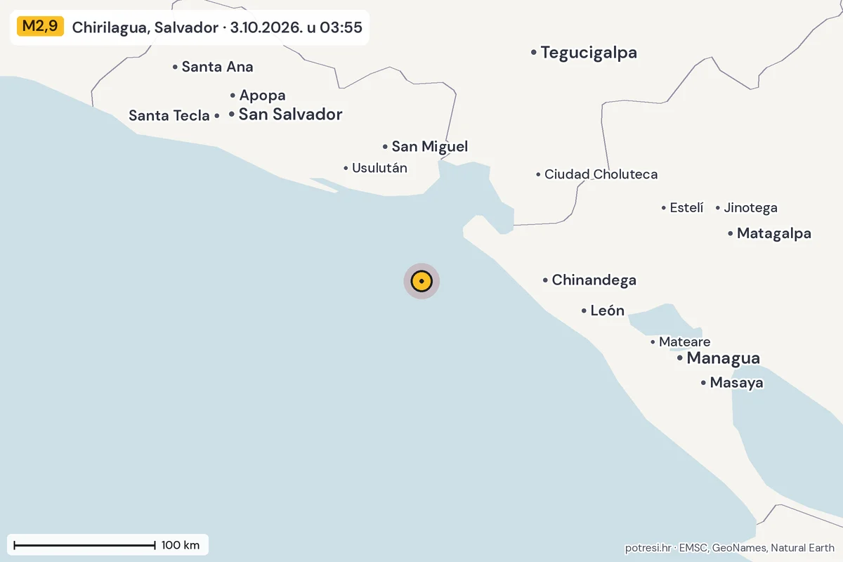 Karta: šire područje, 600 km, potres M2,9, Chirilagua, Salvador, 3.10.2026.
