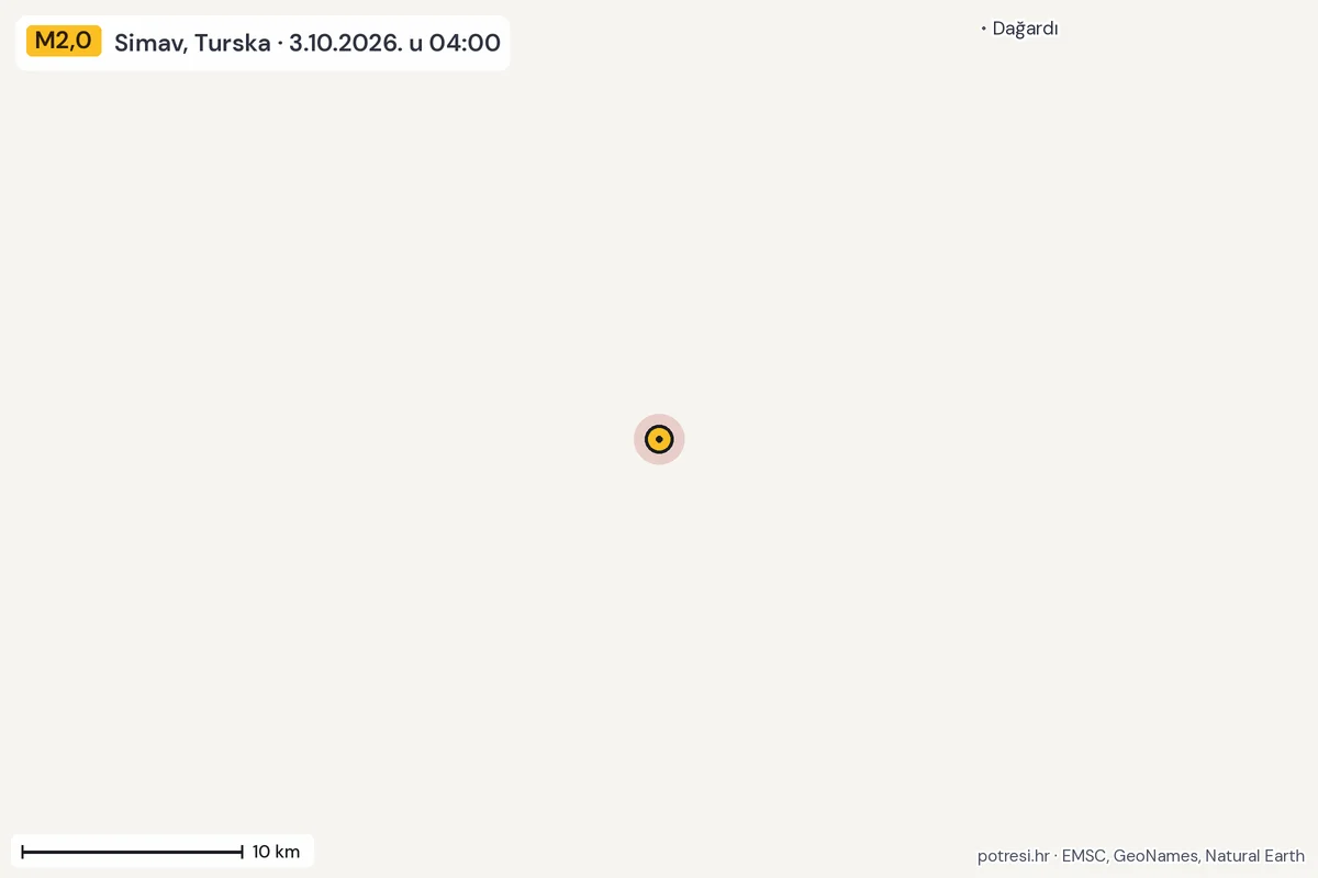 Karta: okolica epicentra, 60 km, potres M2,0, Simav, Turska, 3.10.2026.