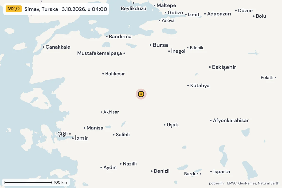 Karta: šire područje, 600 km, potres M2,0, Simav, Turska, 3.10.2026.