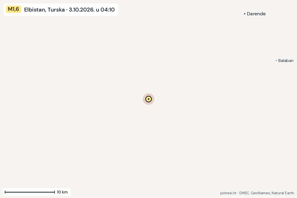 Karta: okolica epicentra, 60 km, potres M1,6, Elbistan, Turska, 3.10.2026.