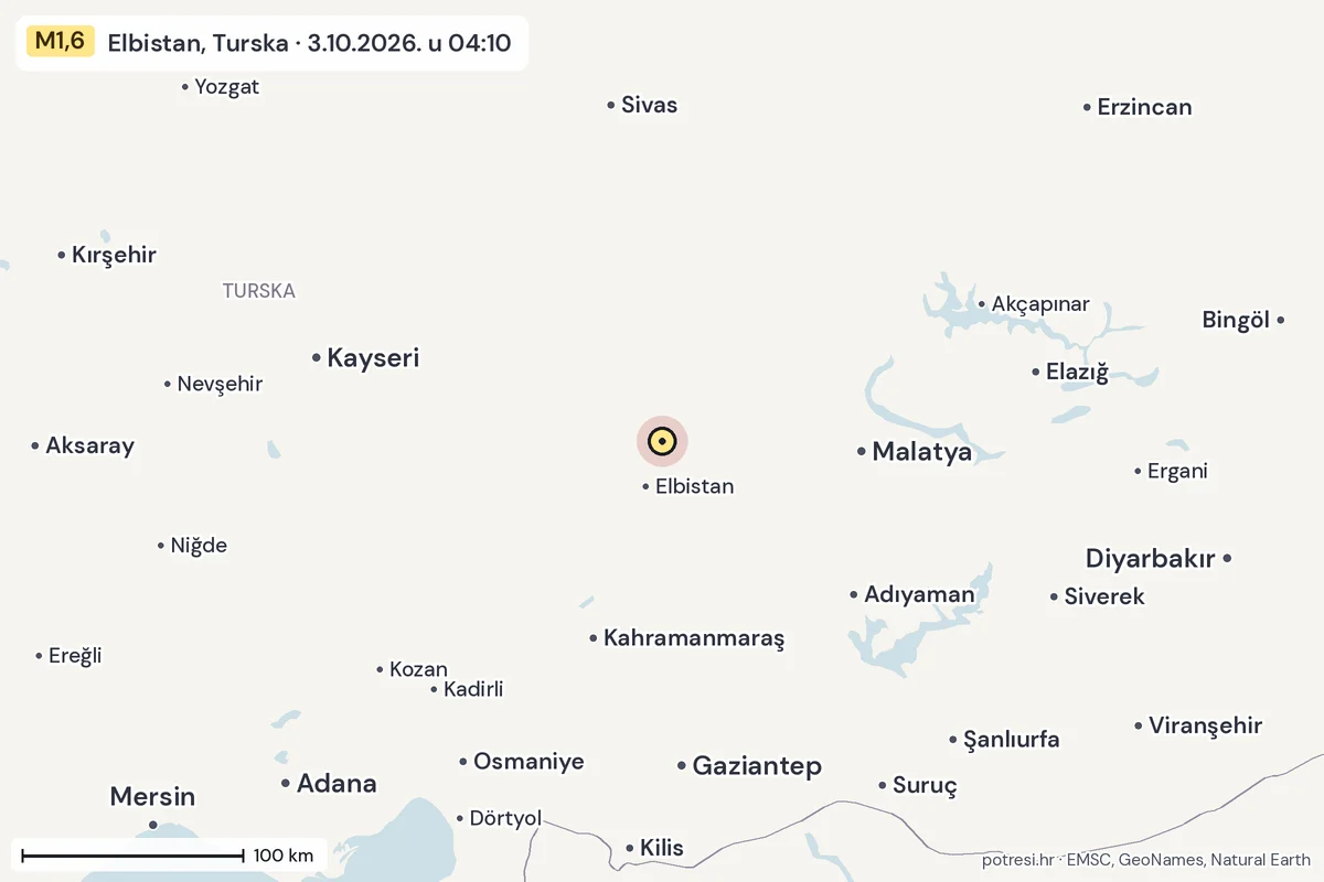 Karta: šire područje, 600 km, potres M1,6, Elbistan, Turska, 3.10.2026.