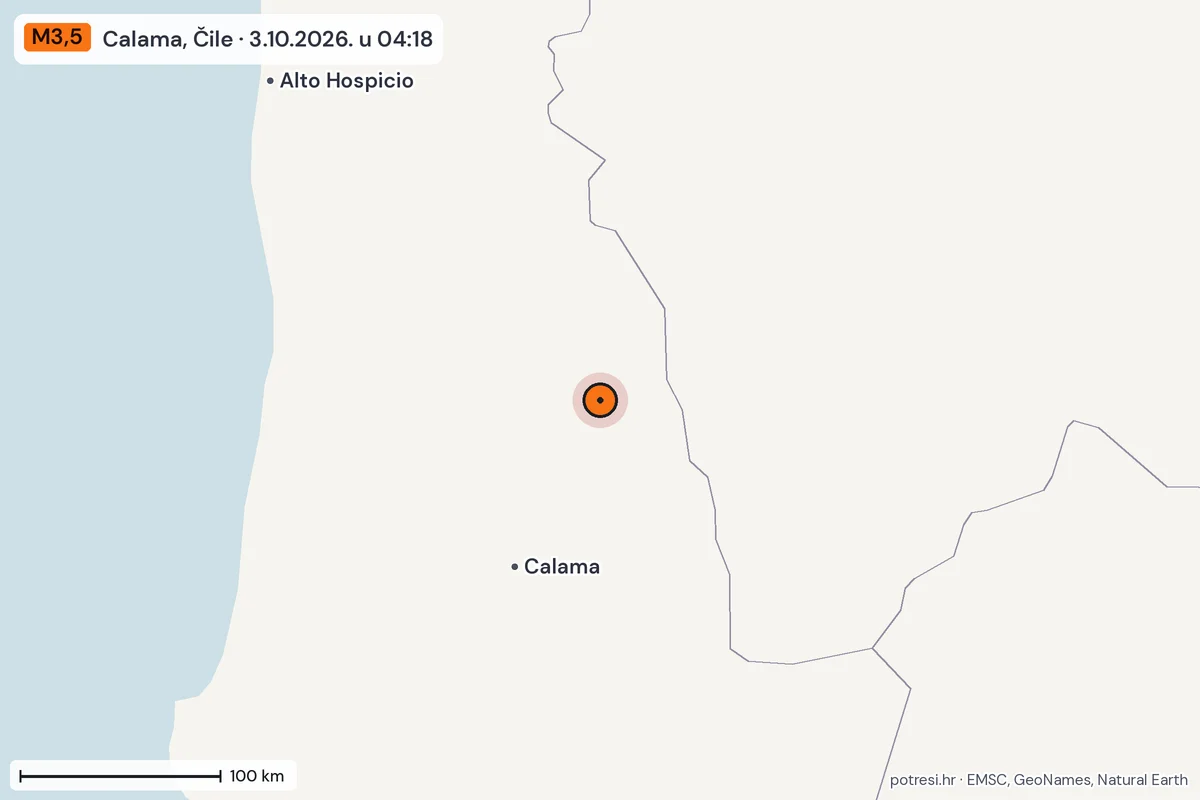 Karta: šire područje, 600 km, potres M3,5, Calama, Čile, 3.10.2026.