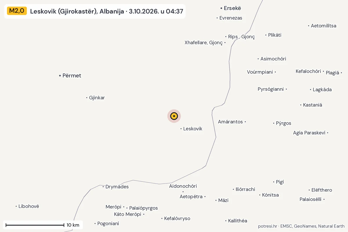 Karta: okolica epicentra, 60 km, potres M2,0, Leskovik (Gjirokastër), Albanija, 3.10.2026.