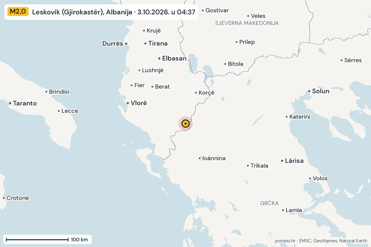 Karta: šire područje, 600 km, potres M2,0, Leskovik (Gjirokastër), Albanija, 3.10.2026.