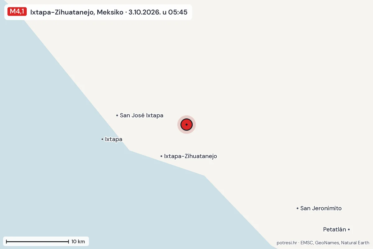 Karta: okolica epicentra, 60 km, potres M4,1, Ixtapa-Zihuatanejo, Meksiko, 3.10.2026.