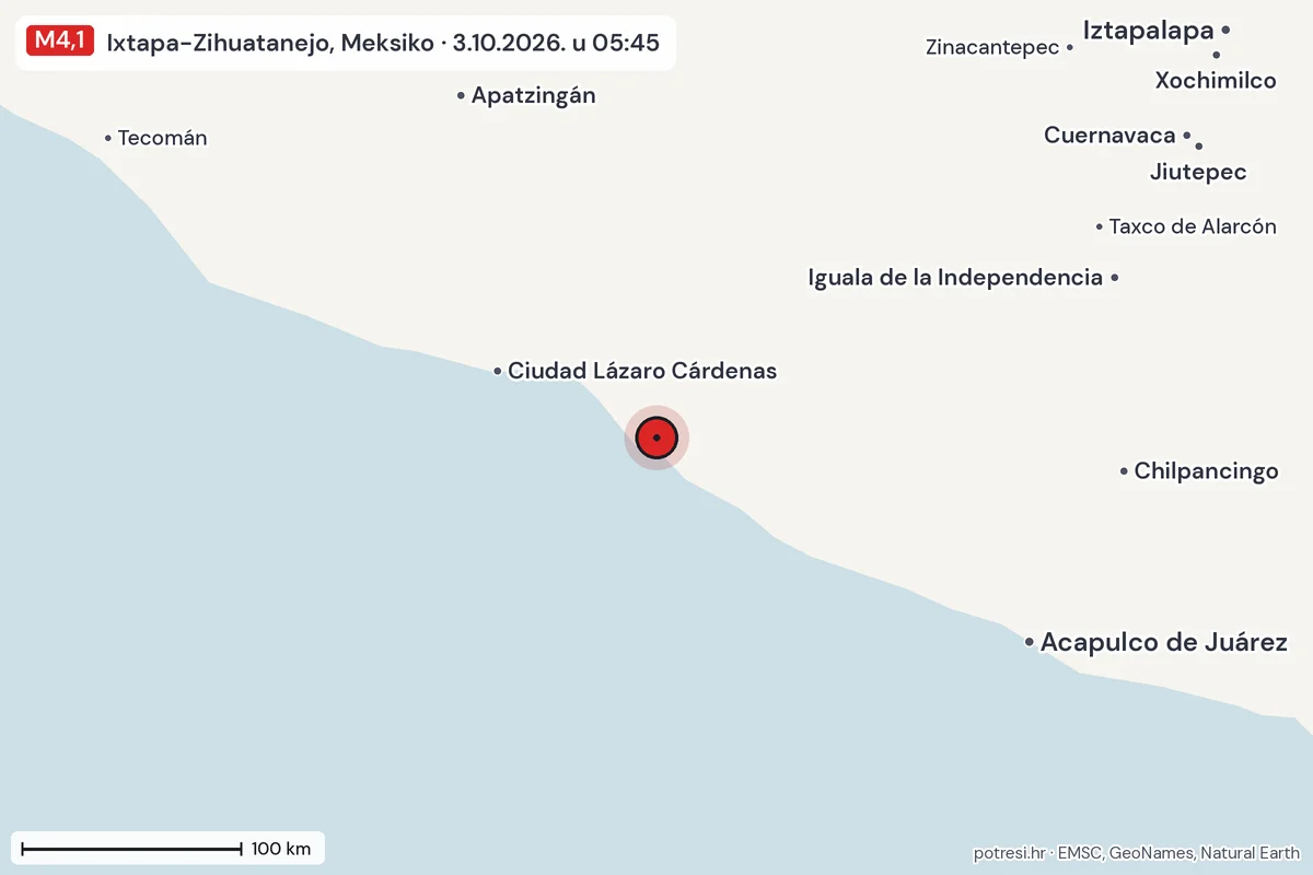 Karta: šire područje, 600 km, potres M4,1, Ixtapa-Zihuatanejo, Meksiko, 3.10.2026.