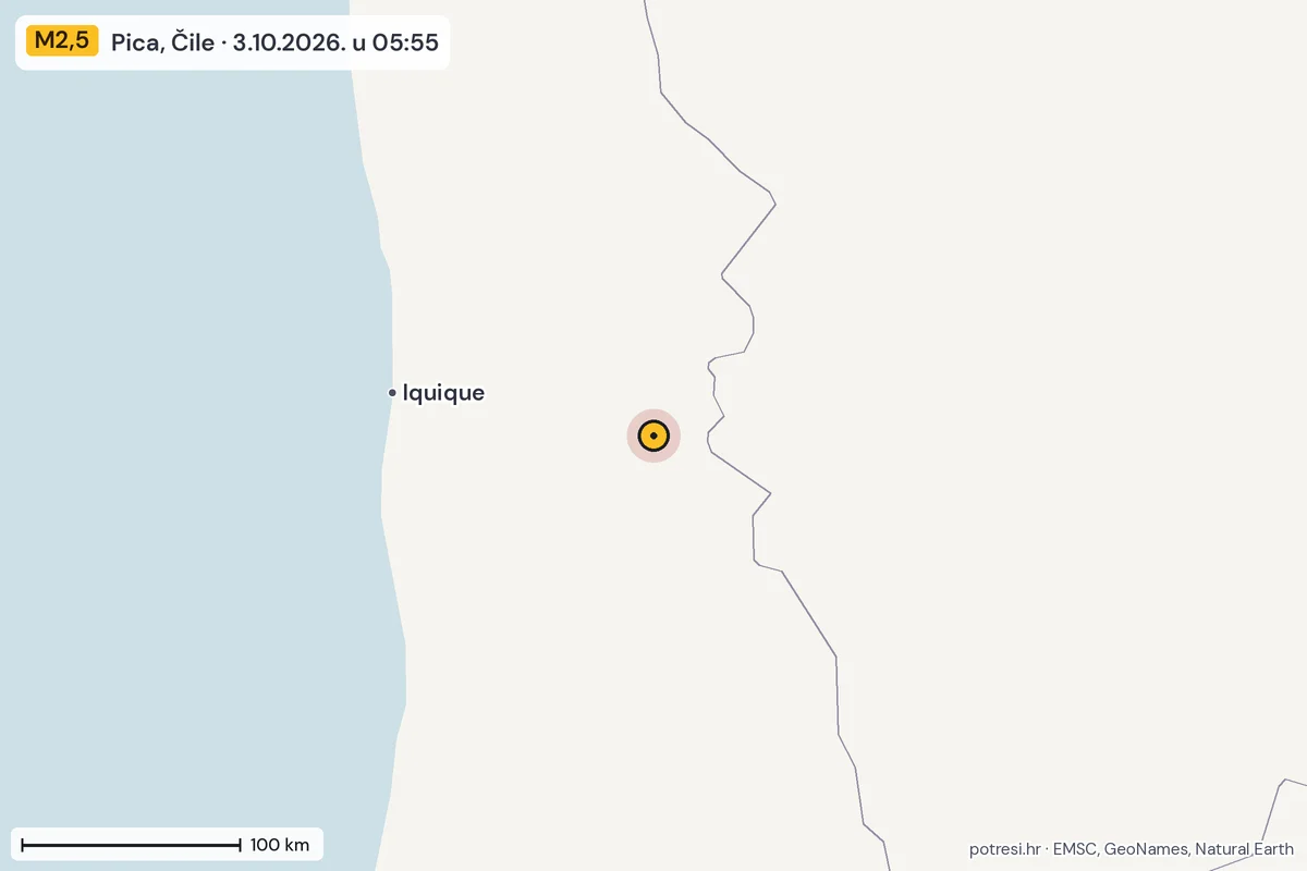 Karta: šire područje, 600 km, potres M2,5, Pica, Čile, 3.10.2026.