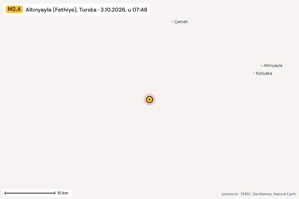 Karta: okolica epicentra, 60 km, potres M2,4, Altınyayla (Fethiye), Turska, 3.10.2026.