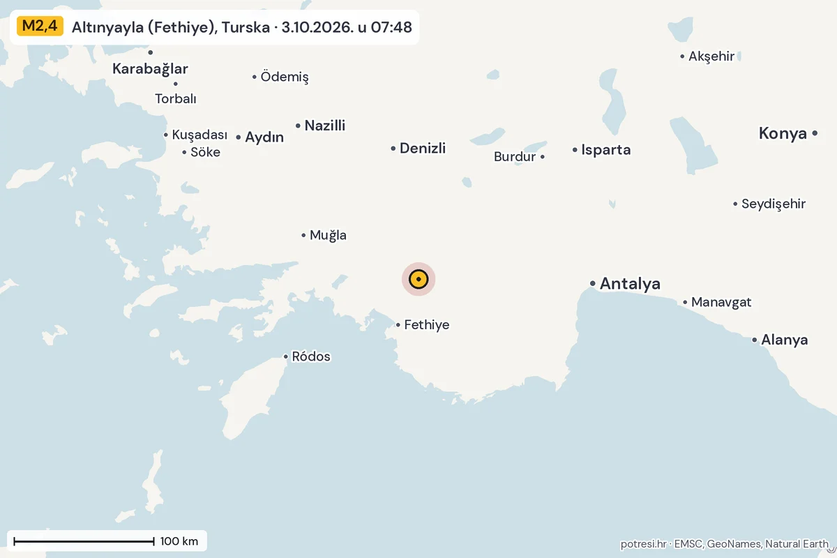 Karta: šire područje, 600 km, potres M2,4, Altınyayla (Fethiye), Turska, 3.10.2026.