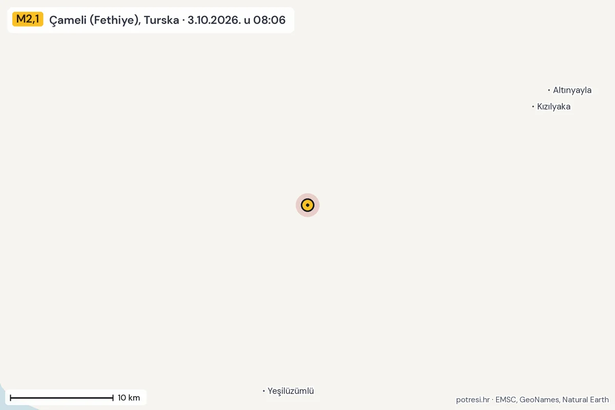 Karta: okolica epicentra, 60 km, potres M2,1, Çameli (Fethiye), Turska, 3.10.2026.