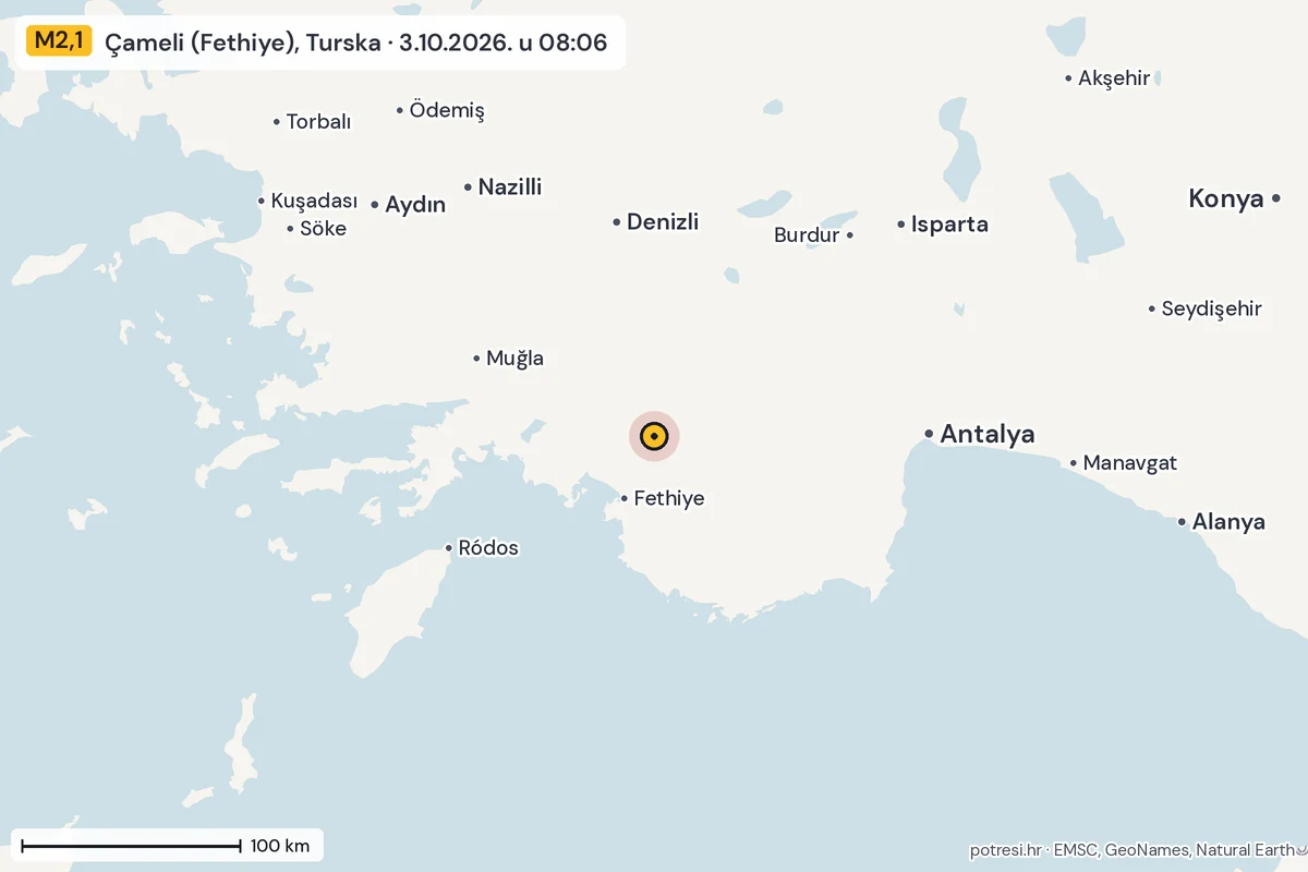 Karta: šire područje, 600 km, potres M2,1, Çameli (Fethiye), Turska, 3.10.2026.