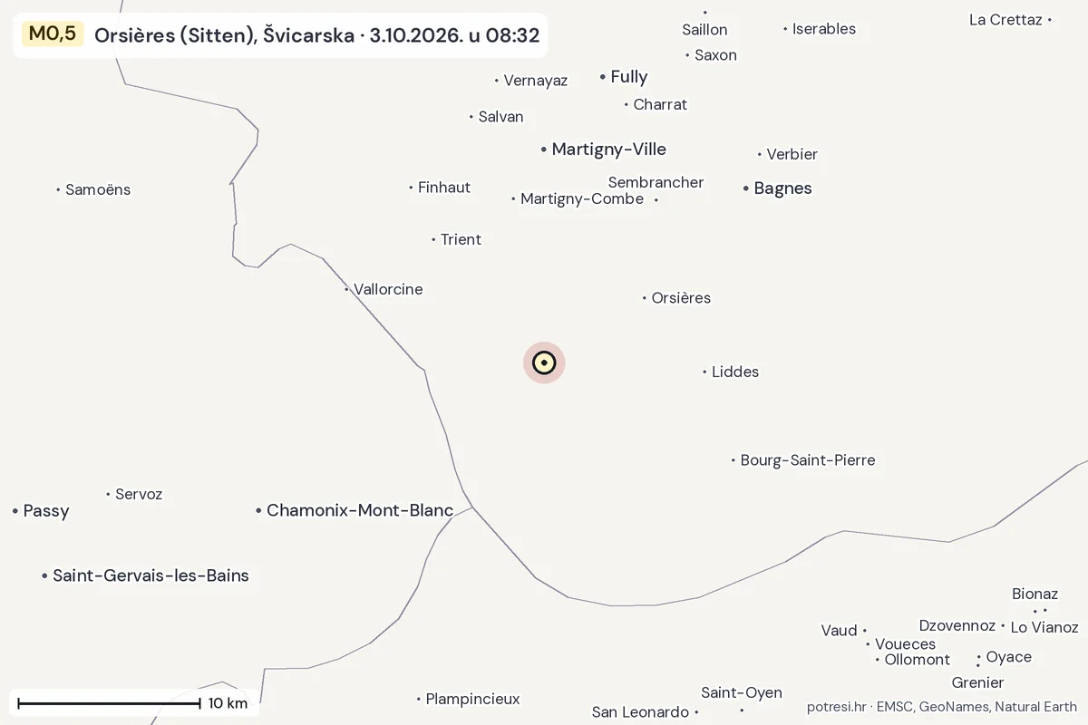 Karta: okolica epicentra, 60 km, potres M0,5, Orsières (Sitten), Švicarska, 3.10.2026.