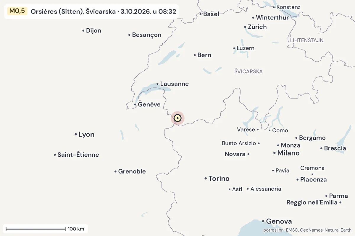 Karta: šire područje, 600 km, potres M0,5, Orsières (Sitten), Švicarska, 3.10.2026.
