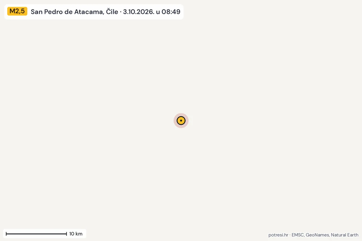 Karta: okolica epicentra, 60 km, potres M2,5, San Pedro de Atacama, Čile, 3.10.2026.