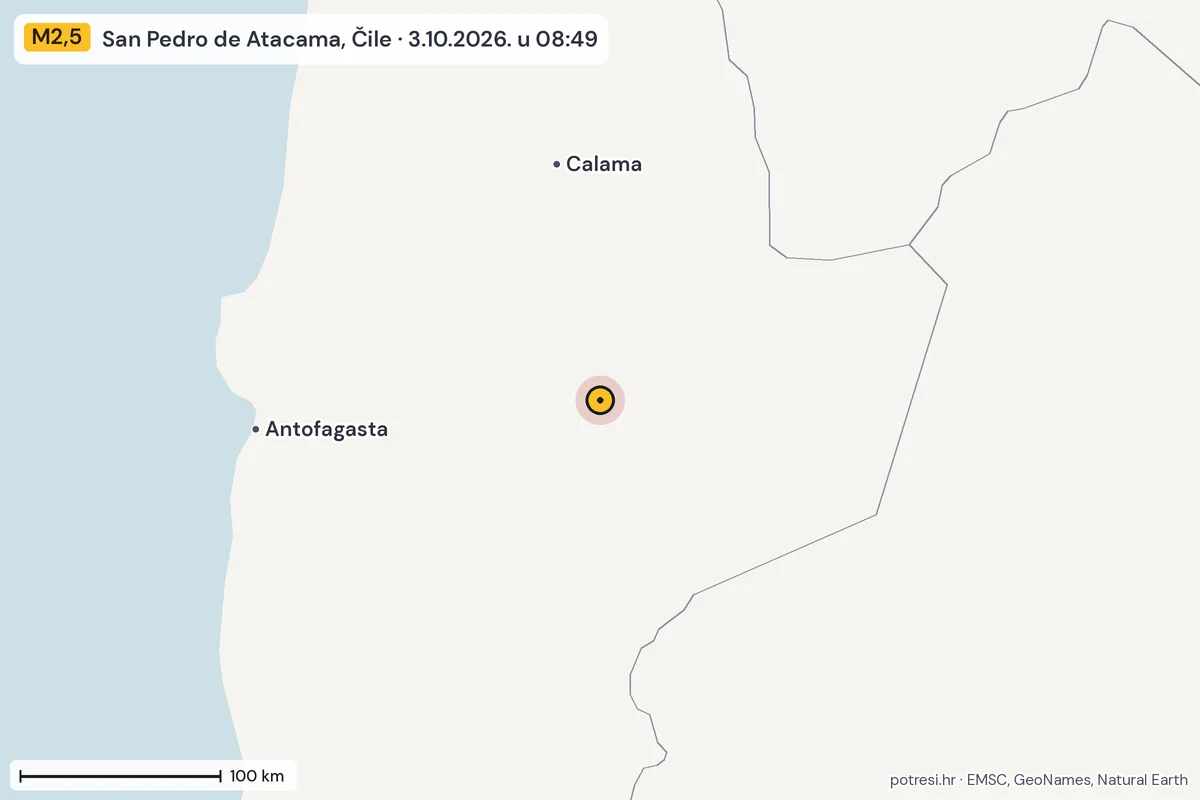 Karta: šire područje, 600 km, potres M2,5, San Pedro de Atacama, Čile, 3.10.2026.