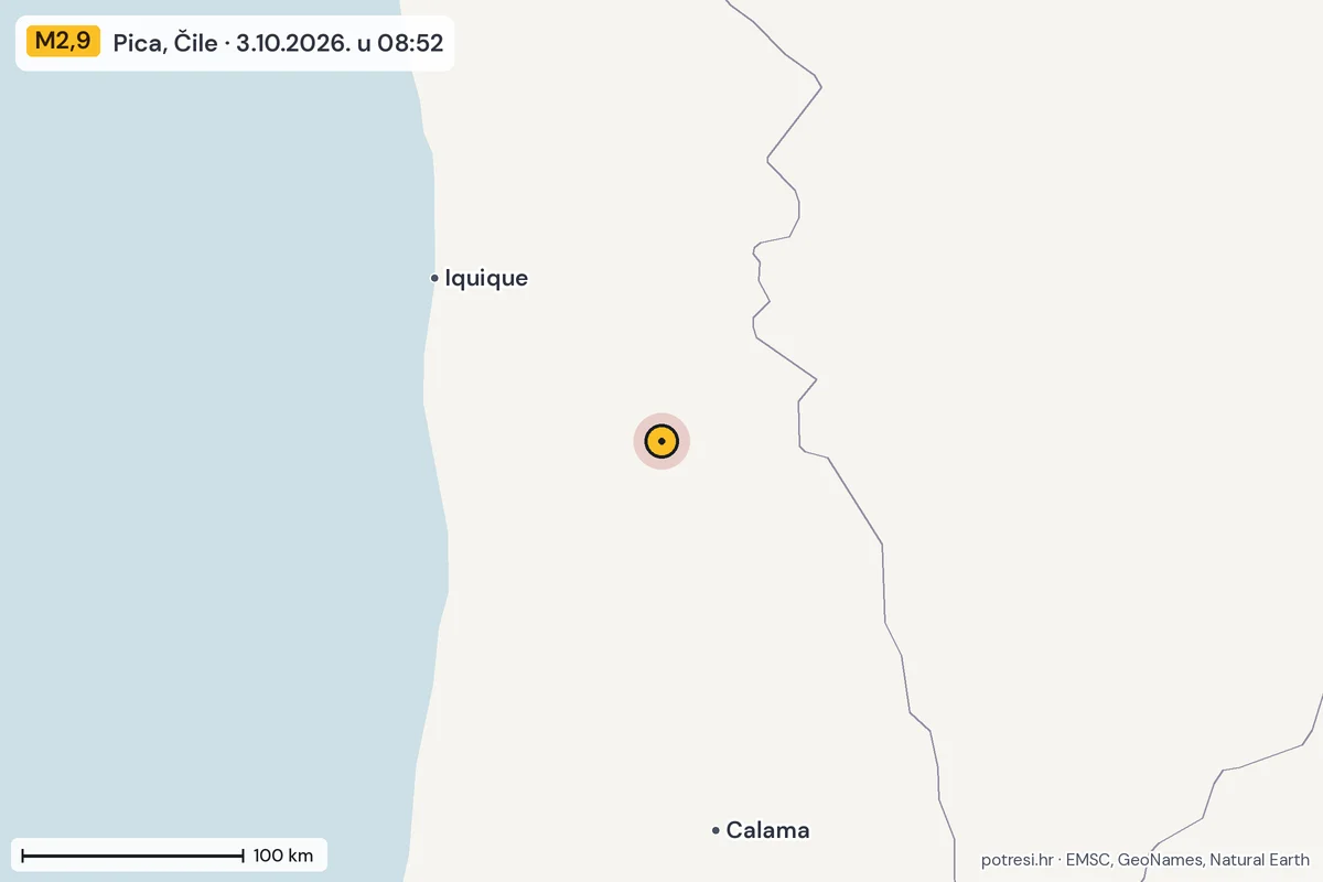 Karta: šire područje, 600 km, potres M2,9, Pica, Čile, 3.10.2026.
