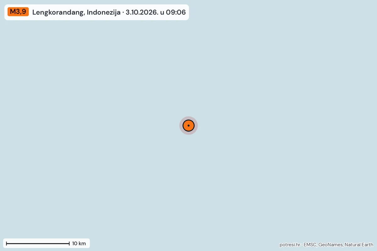 Karta: okolica epicentra, 60 km, potres M3,9, Lengkorandang, Indonezija, 3.10.2026.