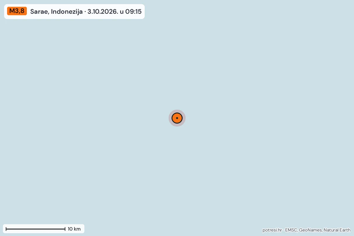 Karta: okolica epicentra, 60 km, potres M3,8, Sarae, Indonezija, 3.10.2026.