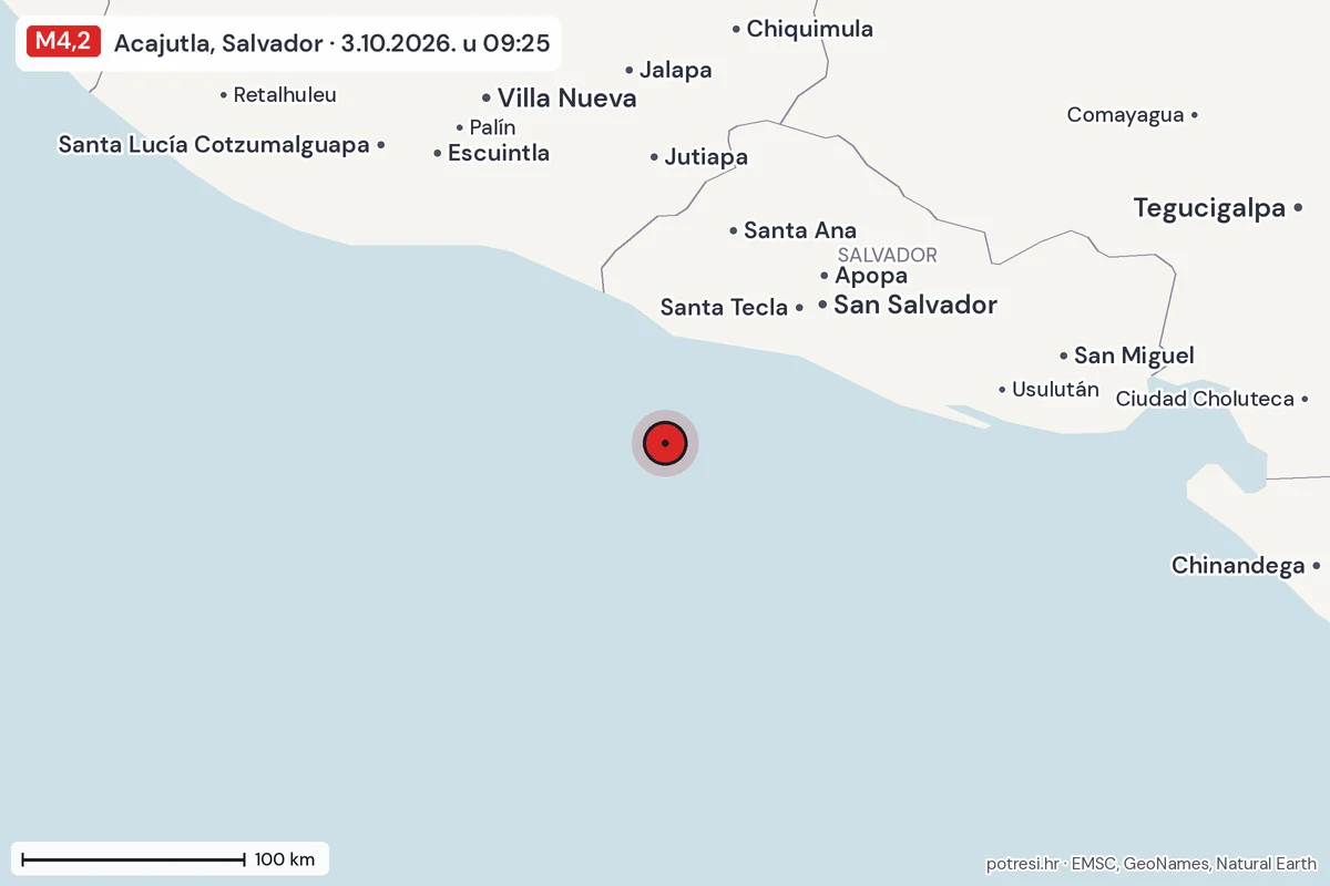 Karta: šire područje, 600 km, potres M4,2, Acajutla, Salvador, 3.10.2026.