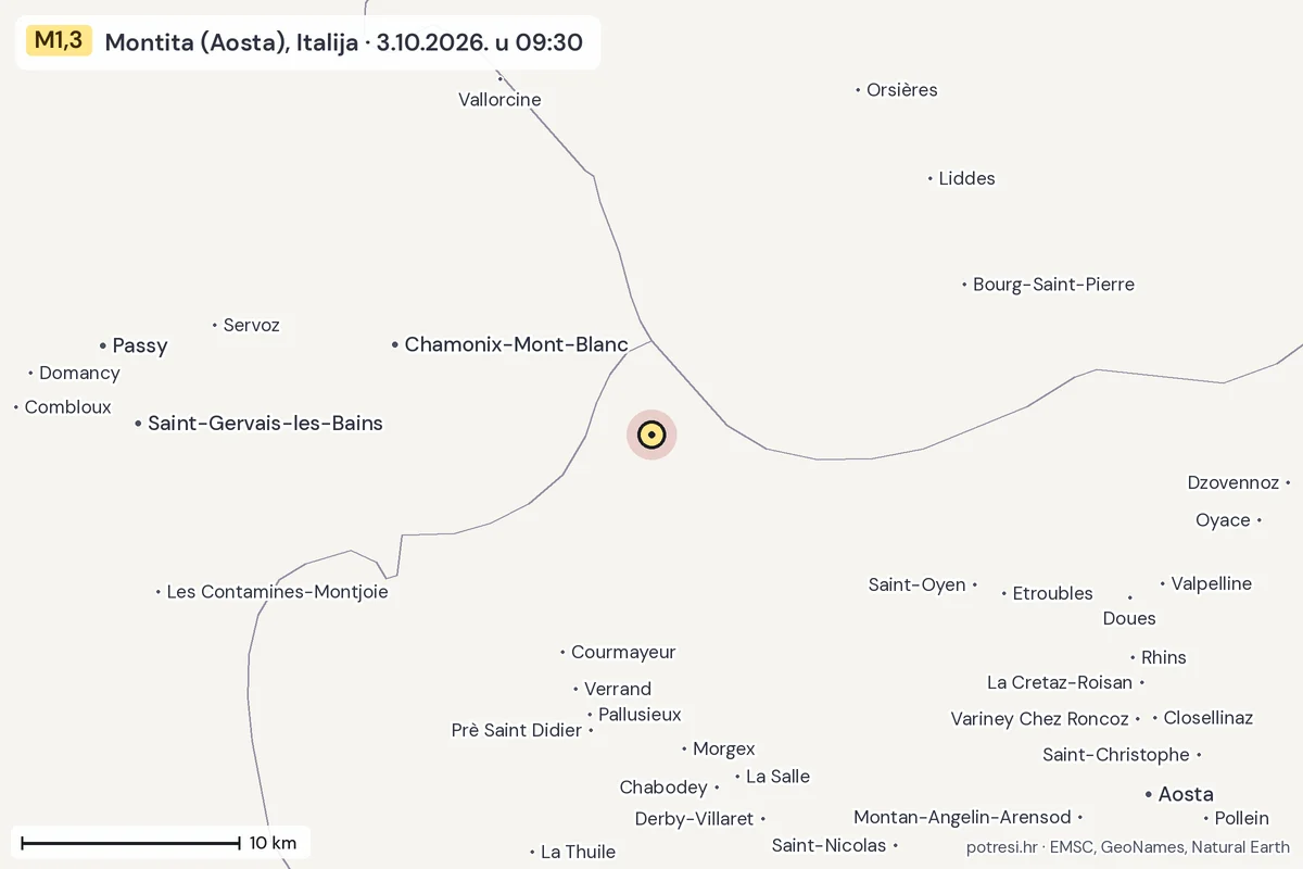 Karta: okolica epicentra, 60 km, potres M1,3, Montita (Aosta), Italija, 3.10.2026.