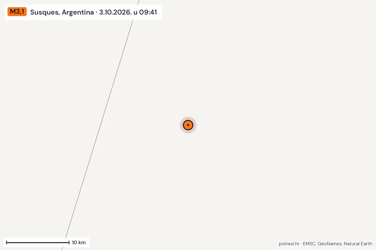 Karta: okolica epicentra, 60 km, potres M3,1, Susques, Argentina, 3.10.2026.