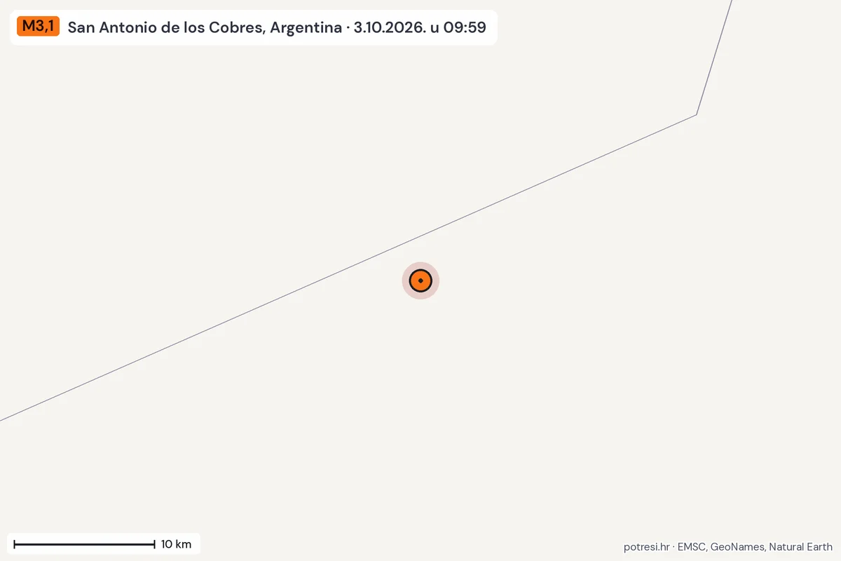 Karta: okolica epicentra, 60 km, potres M3,1, San Antonio de los Cobres, Argentina, 3.10.2026.