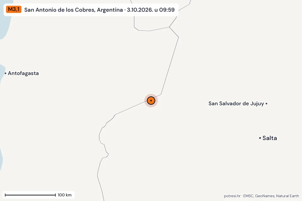 Karta: šire područje, 600 km, potres M3,1, San Antonio de los Cobres, Argentina, 3.10.2026.