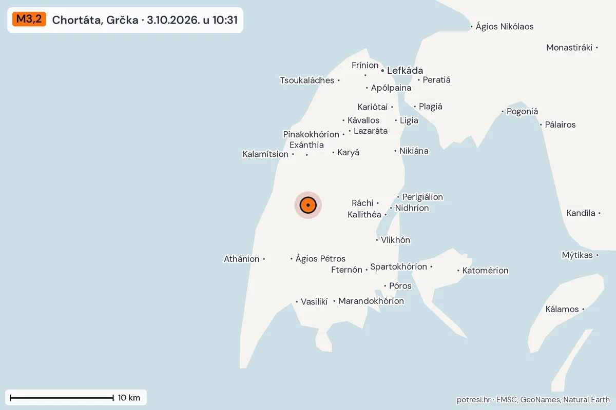 Karta: okolica epicentra, 60 km, potres M3,2, Chortáta, Grčka, 3.10.2026.