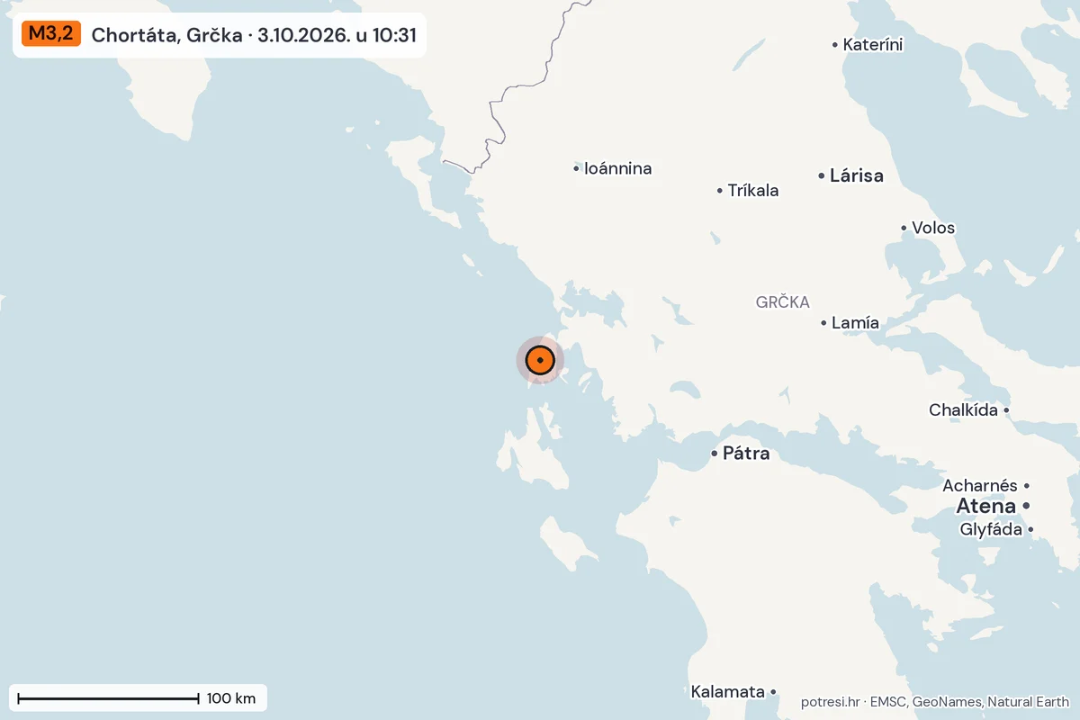 Karta: šire područje, 600 km, potres M3,2, Chortáta, Grčka, 3.10.2026.