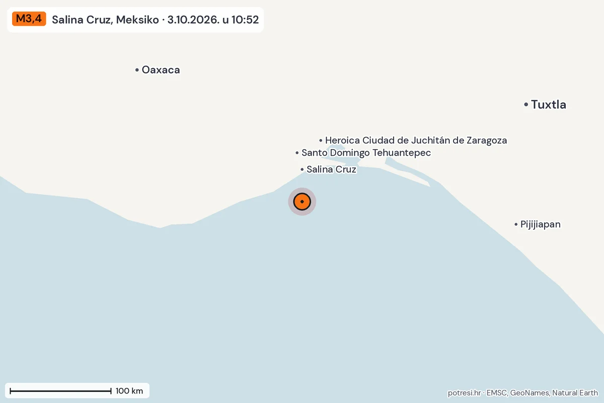 Karta: šire područje, 600 km, potres M3,4, Salina Cruz, Meksiko, 3.10.2026.