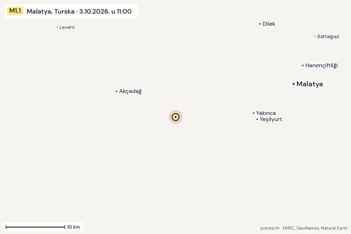 Karta: okolica epicentra, 60 km, potres M1,1, Malatya, Turska, 3.10.2026.